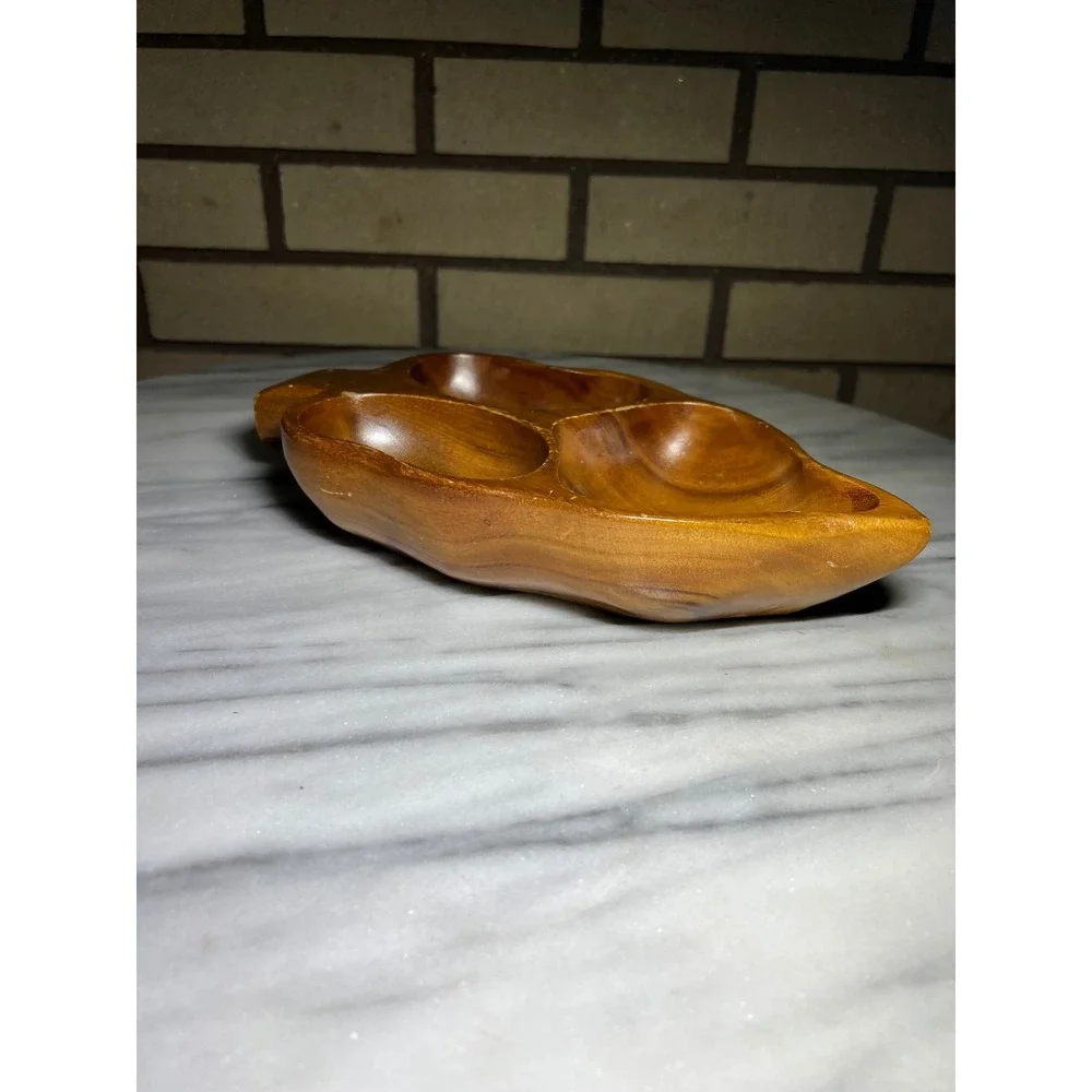Vintage Hand Carved Wooden Leaf Serving Tray Divided 3 Section Nut Dish Brown